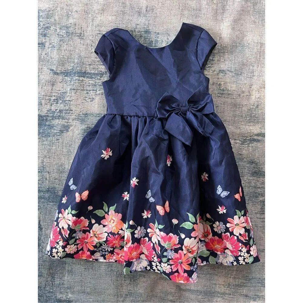George Dark Navy Pink Floral Butterfly Bow Cap Sleeve Dress Size 8